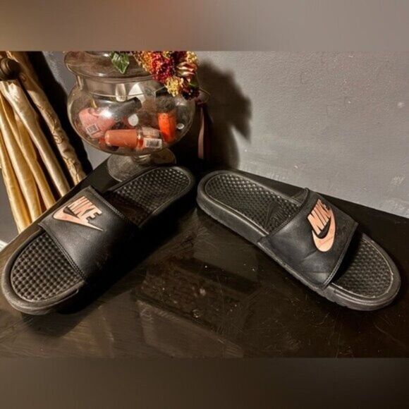 Nike Benassi Black and Gold Slide Sandals - Picture 2 of 4